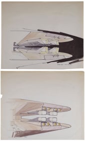 BATTLESTAR GALACTICA (1978) - Pair of Hand-Drawn Andrew Probert Cylon Basestar Engine Design Concept