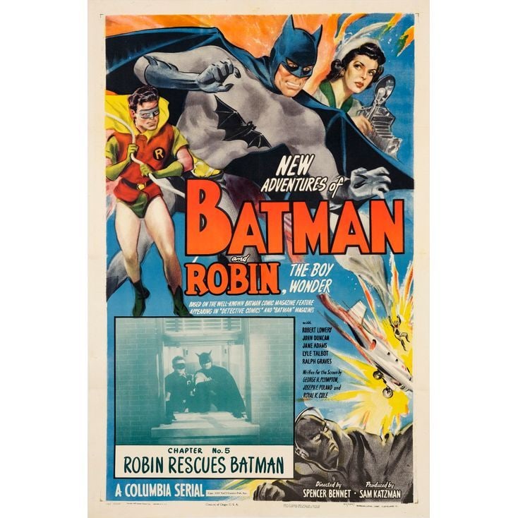 NEW ADVENTURES OF BATMAN AND ROBIN - One Sheet (27" x 41"); Chapter 5: "Robin Rescues Batman"; Very: NEW ADVENTURES OF BATMAN AND ROBIN One Sheet (27" x 41"); Chapter 5: "Robin Rescues Batman" ; Very Fine+ on Linen Columbia, 1949 Batman and Robin are prominently feat