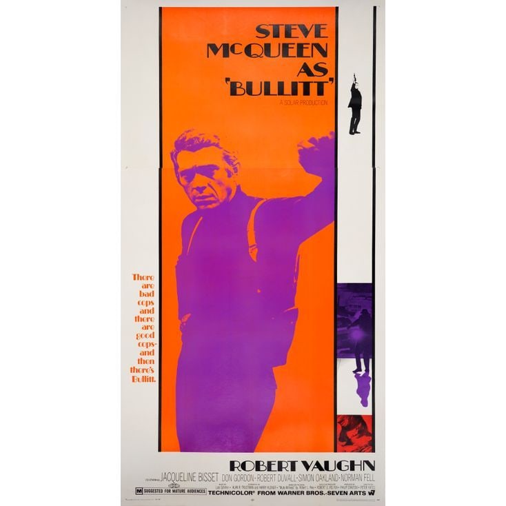 BULLITT - Three Sheet (42" x 79"); Very Fine on Linen: BULLITT Three Sheet (42" x 79") ; Very Fine on Linen Warner Bros./Seven Arts, 1968 Detective Lieutenant Frank Bullitt, portrayed by Steve McQueen, demonstrates that h
