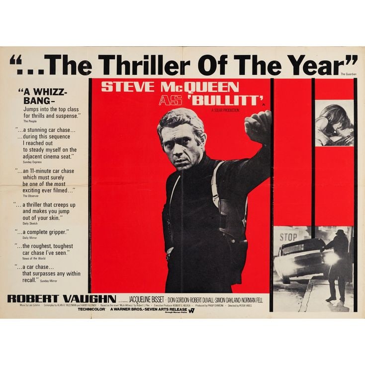 BULLITT - British Quad (40" x 30"); First Release, Review Style; Very Fine- Folded: BULLITT British Quad (40" x 30"); First Release, Review Style ; Very Fine- Folded Warner Bros./Seven Arts, 1969 Steve McQueen is Det. Lt. Frank Bullitt on this "Revie