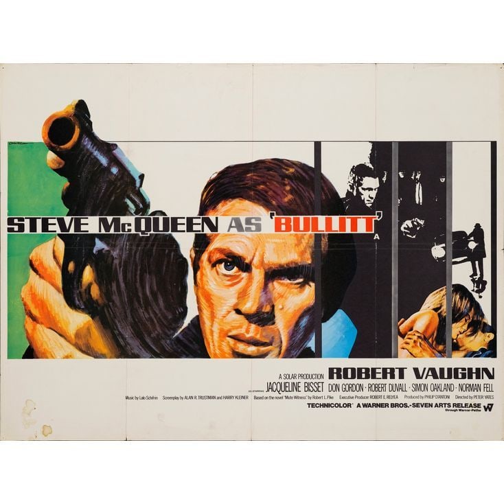 BULLITT - British Quad (40" x 30"); Fine+ Folded: BULLITT British Quad (40" x 30") ; Fine+ Folded; Artwork by Tom Chantrell Warner Bros./Seven Arts, 1969 Steve McQueen as Det. Lt. Frank Bullitt aims his gun on this B