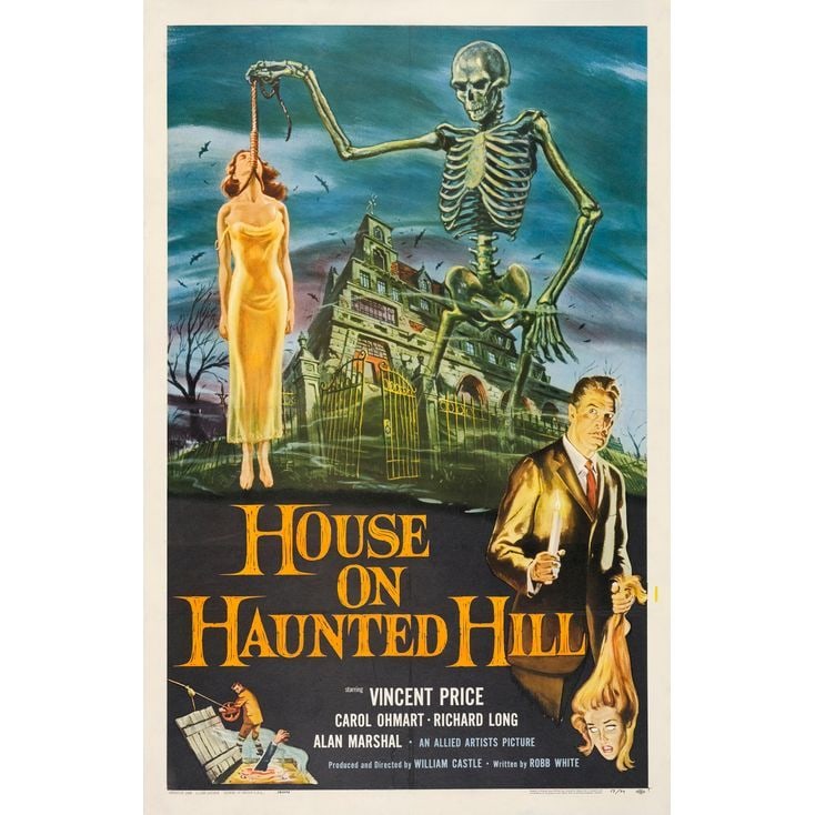 HOUSE ON HAUNTED HILL - One Sheet (27" x 41"); Very Fine on Linen: HOUSE ON HAUNTED HILL One Sheet (27" x 41") ; Very Fine on Linen; Artwork by Reynold Brown Allied Artists, 1959 This impressive poster is one of the best horror poste