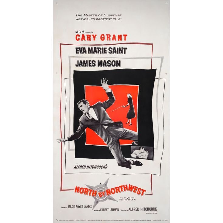 NORTH BY NORTHWEST - Three Sheet (42" x 79"); Very Fine- on Linen: NORTH BY NORTHWEST Three Sheet (42" x 79") ; Very Fine- on Linen; Artwork by Saul Bass MGM, 1959 The renowned graphic designer Saul Bass created this striking poster