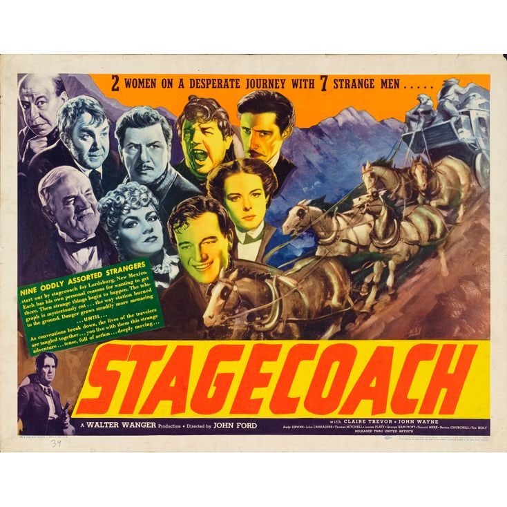 STAGECOACH - Half Sheet (22" x 28"); Style A; Very Fine-: STAGECOACH Half Sheet (22" x 28"); Style A ; Very Fine- United Artists, 1939 From director John Ford's outstanding Western drama featuring nine oddly assorted strange