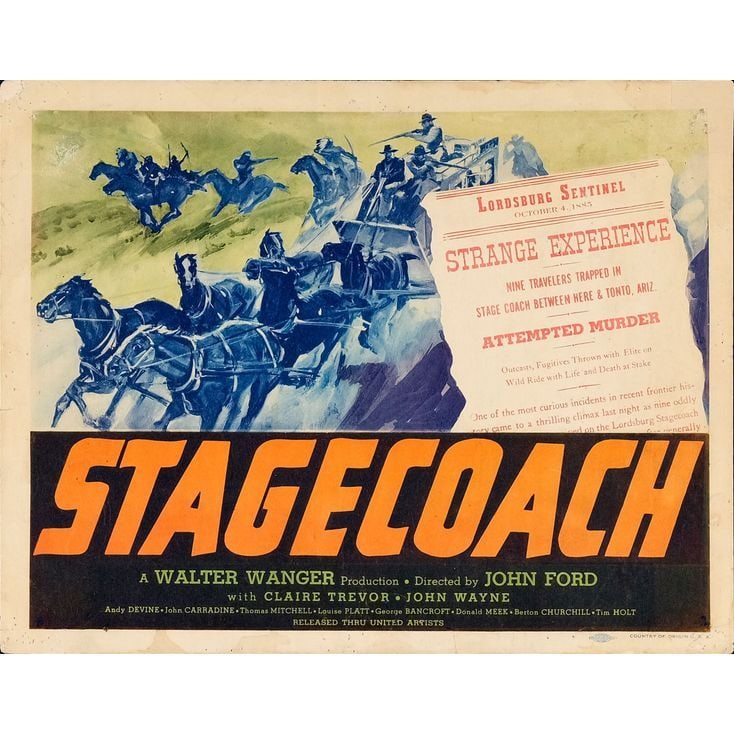 STAGECOACH - Title Lobby Card (11" x 14"); Very Good+: STAGECOACH Title Lobby Card (11" x 14") ; Very Good+ United Artists, 1939 Director John Ford created one of cinema's greatest Westerns during Hollywood's "Golden Year