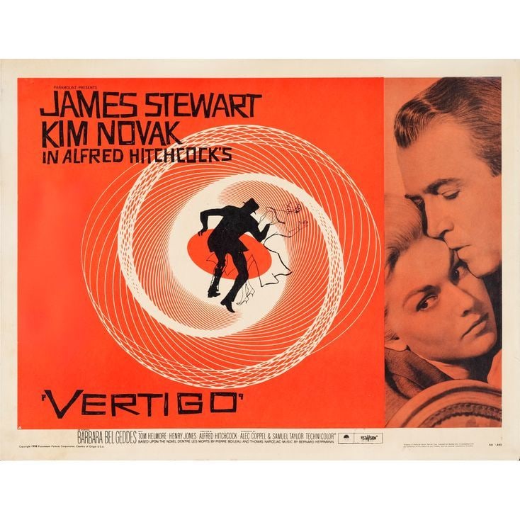 VERTIGO - Half Sheet (22" x 28"); Style A; Very Fine- Rolled: VERTIGO Half Sheet (22" x 28"); Style A ; Very Fine- Rolled; Artwork by Saul Bass Paramount, 1958 The image features a serene moment of James Stewart alongside his ob