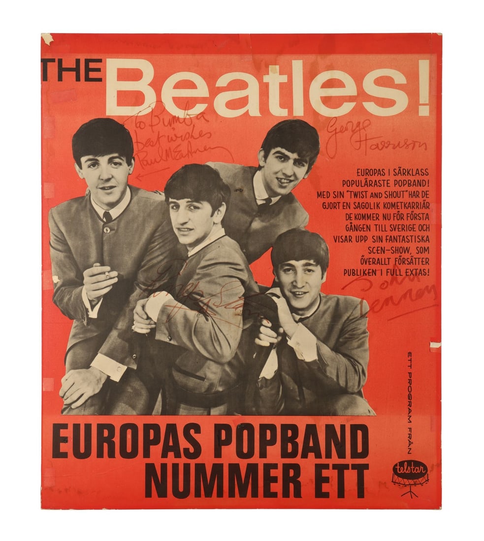THE BEATLES - John Lennon, Paul McCartney, George Harrison and Ringo Starr-Autographed Swedish Tour: THE BEATLES - John Lennon, Paul McCartney, George Harrison and Ringo Starr-Autographed Swedish Tour 1963 Poster - A concert poster autographed by all four Beatles, promoting their tour in Sweden, whic
