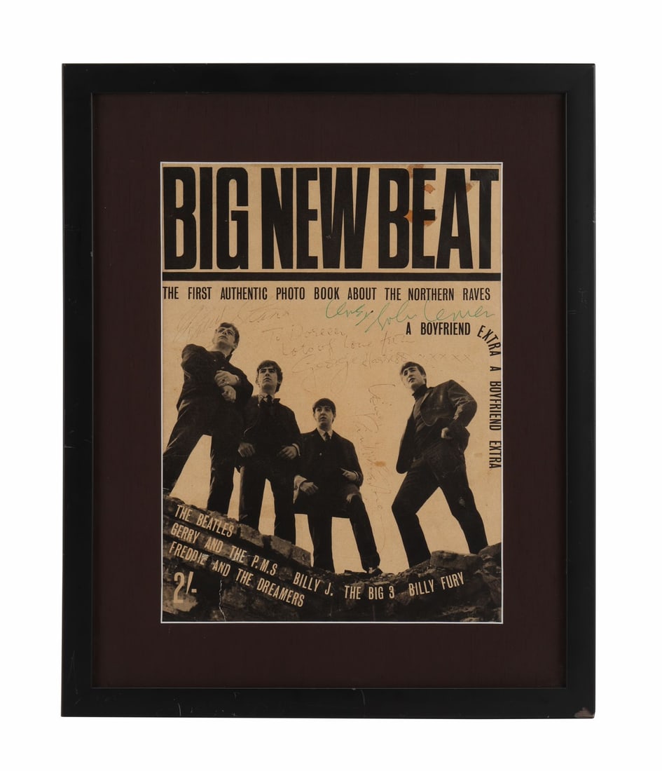THE BEATLES - Framed John Lennon, Paul McCartney, George Harrison and Ringo Starr Autographed Big: THE BEATLES - Framed John Lennon, Paul McCartney, George Harrison and Ringo Starr Autographed Big New Beat Magazine Cover - A framed Big New Beat magazine cover autographed by all four members of The