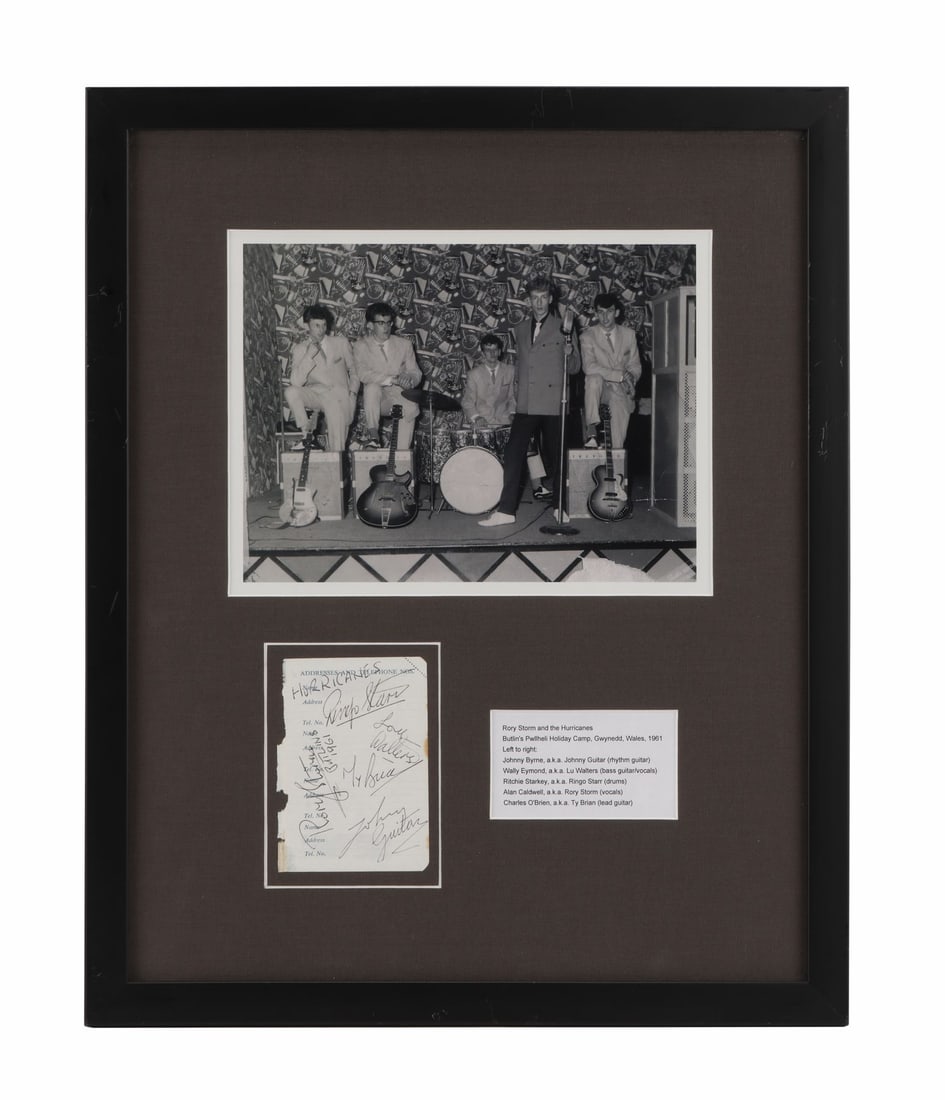 THE BEATLES - Framed Rory Storm and the Hurricanes-Autographed Page: THE BEATLES - Framed Rory Storm and the Hurricanes-Autographed Page - The autographs of Rory Storm and the Hurricanes' members, including the legendary drummer of The Beatles, Ringo Starr. It wasn't u