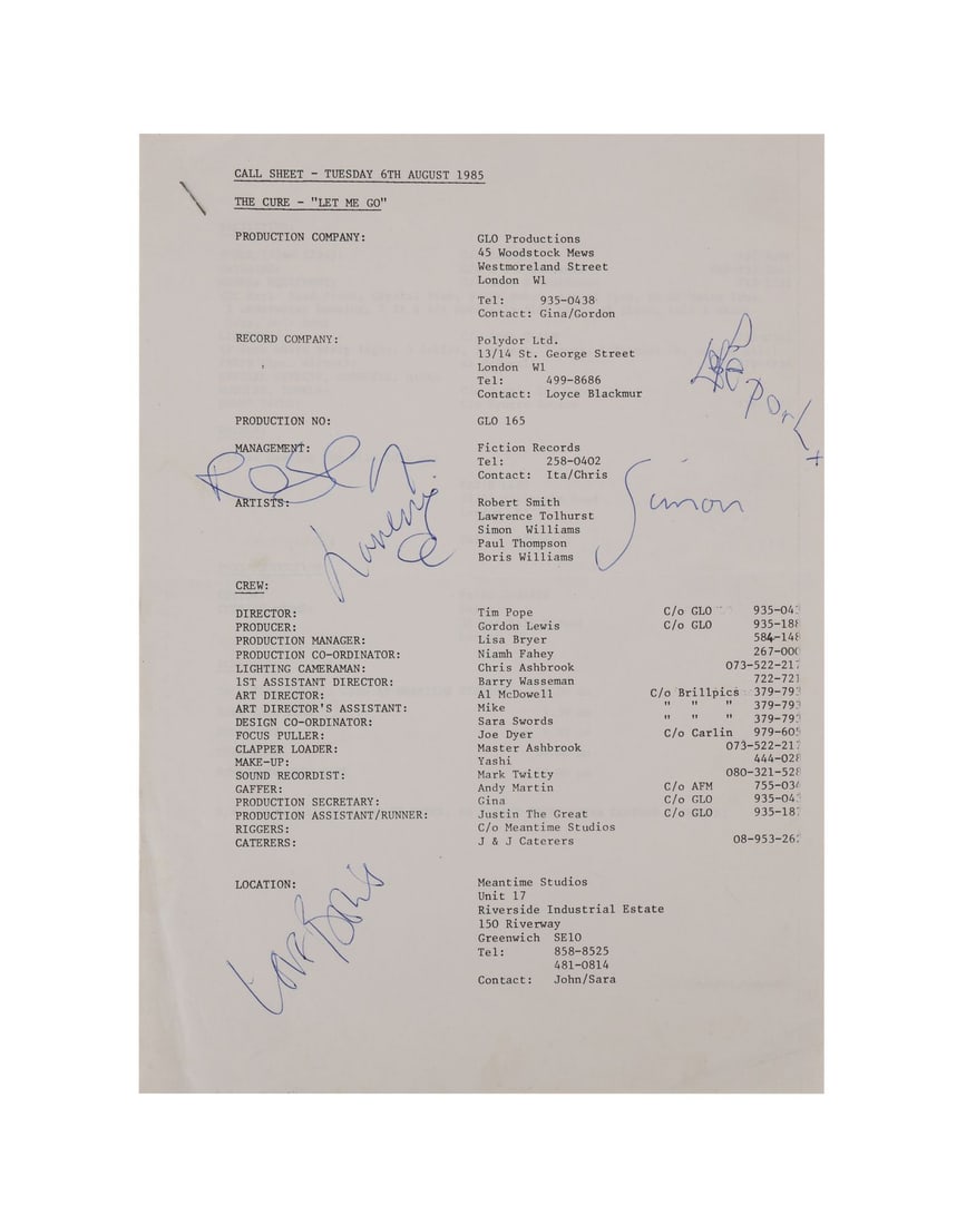 THE CURE - Robert Smith, Simon Gallup, Porl Thompson, Lol Tolworth, and Boris Williams-Autographed: THE CURE - Robert Smith, Simon Gallup, Porl Thompson, Lol Tolworth, and Boris Williams-Autographed "Let Me Go" Call Sheet - A call sheet autographed by the members of English rock band The Cure. The t