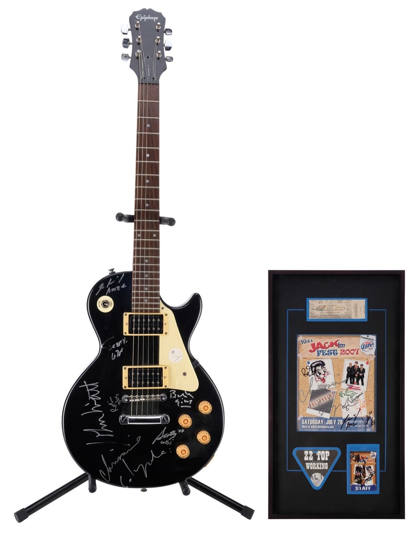 JACKFEST (2007) - Chrissie Hynde, Gin Blossoms and ZZ Top Autographed Black Guitar and Framed 104.1 (1 of 9)