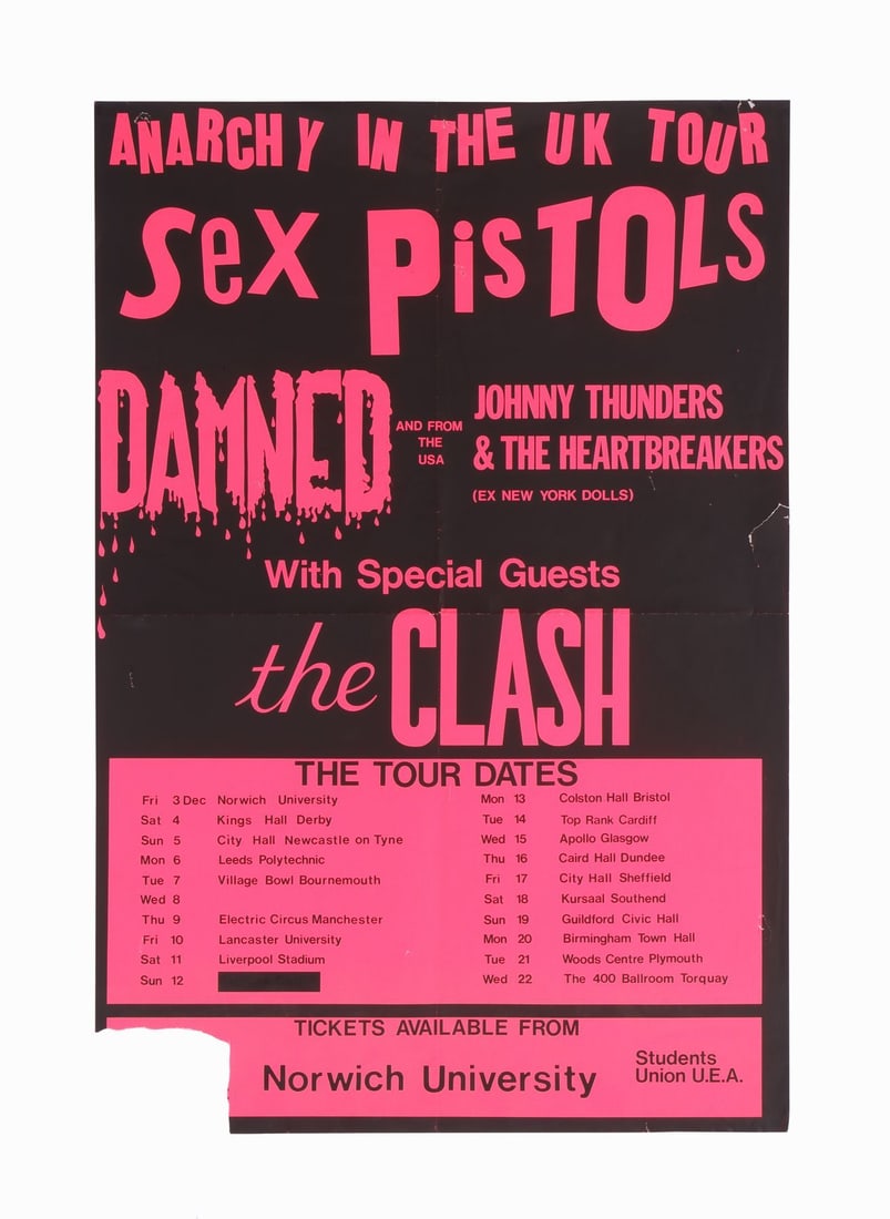 SEX PISTOLS - Anarchy in the UK Tour Norwich University Concert Poster: SEX PISTOLS - Anarchy in the UK Tour Norwich University Concert Poster - A rare original concert poster for the Sex Pistols and The Clash's cancelled concert at Norwich University, England, which was
