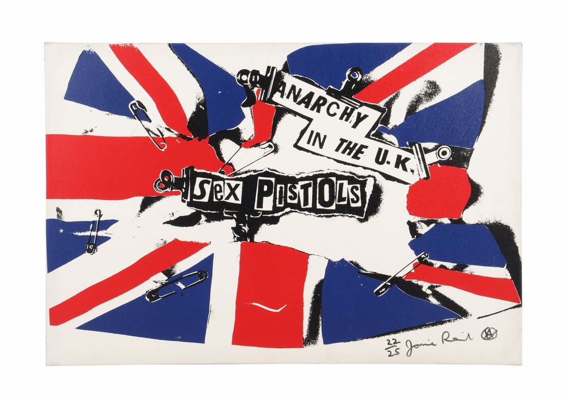 SEX PISTOLS - Anarchy In The U.K. Limited Edition Canvas Print Signed by Jamie Reid, 2008: SEX PISTOLS - Anarchy In The U.K. Limited Edition Canvas Print Signed by Jamie Reid, 2008 - A limited edition box canvas print of the Sex Pistols' "Anarchy In The U.K." single cover art by artist Jami
