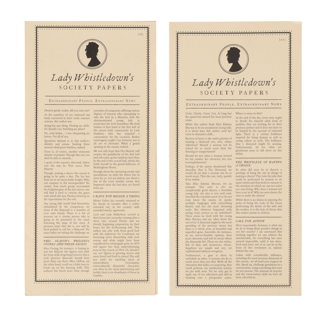 BRIDGERTON (2020-CURRENT, T.V. SERIES) - Pair of Lady Whistledown Society Papers: BRIDGERTON (2020-CURRENT, T.V. SERIES) - Pair of Lady Whistledown Society Papers - Two Lady Whistledown society papers from Chris Van Dusen's historical drama television series Bridgerton. The enigmat