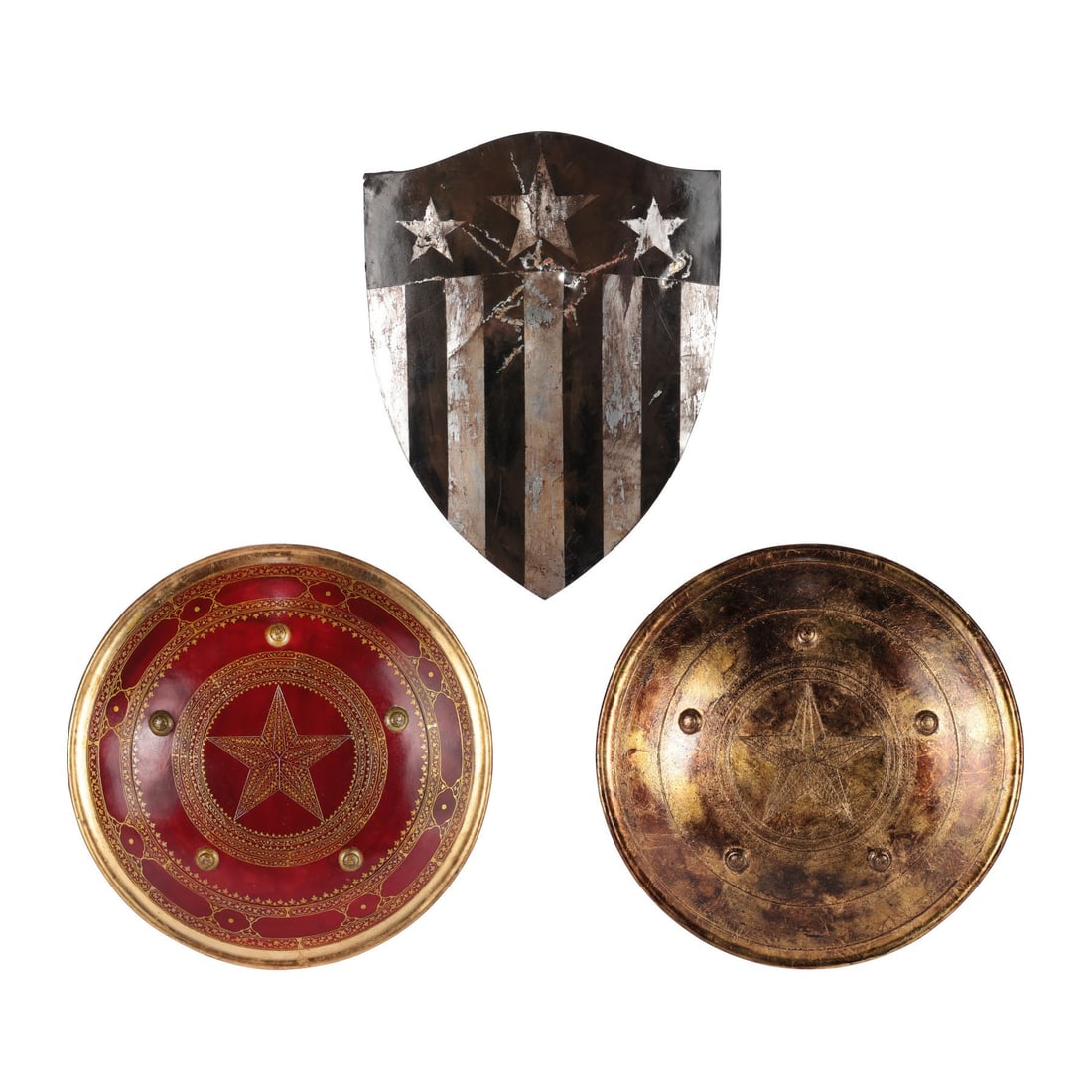 ETERNALS (2021) - Set of Three Shields: ETERNALS (2021) - Set of Three Shields - Three shields from Chloe Zhao's superhero film The Eternals. Kingo (Kumail Nanjiani) used shields in the filming of his Bollywood movies, and kept them as deco