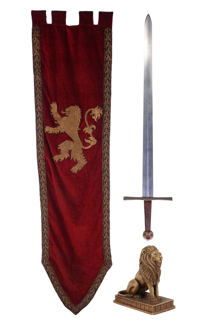 GAME OF THRONES (T.V. SERIES, 2011-2019) - Lannister Banner, Metal Sword and Map Marker: GAME OF THRONES (T.V. SERIES, 2011-2019) - Lannister Banner, Metal Sword and Map Marker - A Lannister banner, metal sword and map marker from HBO's multi-Emmy Award-winning fantasy television series G