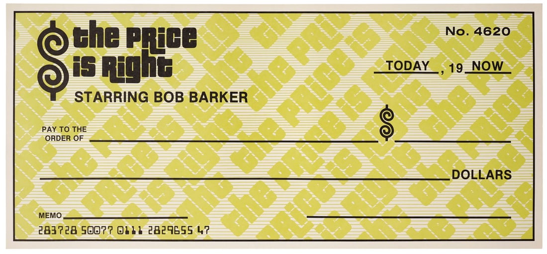 THE PRICE IS RIGHT (T.V. SERIES, 1972 - PRESENT) - Blank, Oversized "The Price Is Right" Check: THE PRICE IS RIGHT (T.V. SERIES, 1972 - PRESENT) - Blank, Oversized "The Price Is Right" Check - A blank, oversized "The Price Is Right" check from The Price is Right. Television game shows such as Th