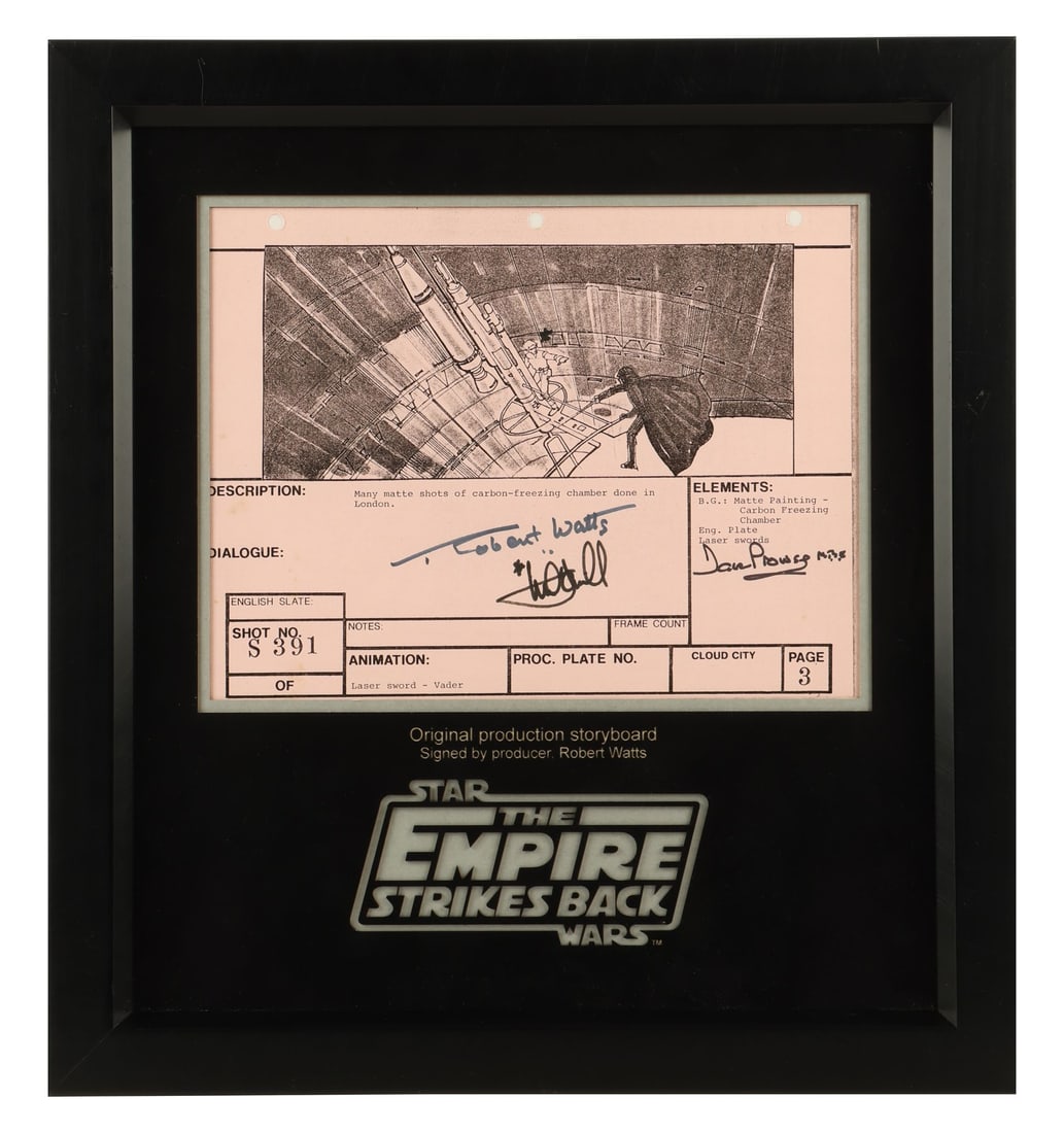 STAR WARS: THE EMPIRE STRIKES BACK (1980) - Dave Prowse, Mark Hamill and Robert Watts-Autographed: STAR WARS: THE EMPIRE STRIKES BACK (1980) - Dave Prowse, Mark Hamill and Robert Watts-Autographed Luke Versus Vader Storyboard - A storyboard used in the production of Star Wars: The Empire Strikes Ba