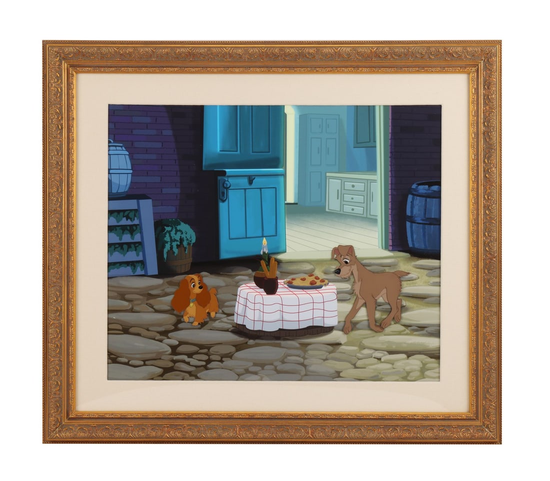 LADY AND THE TRAMP (1955) - Lady and Tramp "Bella Notte" Original Production Cel Setup: LADY AND THE TRAMP (1955) - Lady and Tramp "Bella Notte" Original Production Cel Setup - A truly exceptional original production cel setup featuring Lady and Tramp from Lady and the Tramp (1955), capt