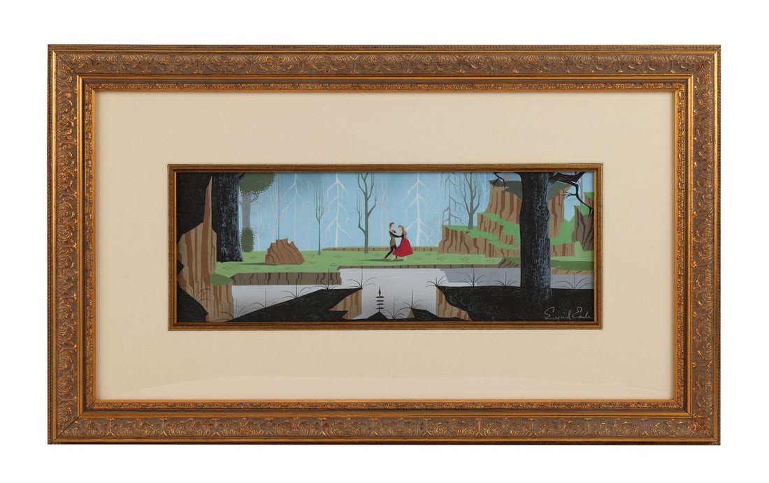 SLEEPING BEAUTY (1959) - Prince Phillip and Princess Aurora Original Concept Painting Signed by: SLEEPING BEAUTY (1959) - Prince Phillip and Princess Aurora Original Concept Painting Signed by Eyvind Earle - A remarkable original concept painting by Eyvind Earle for Sleeping Beauty (1959), captur