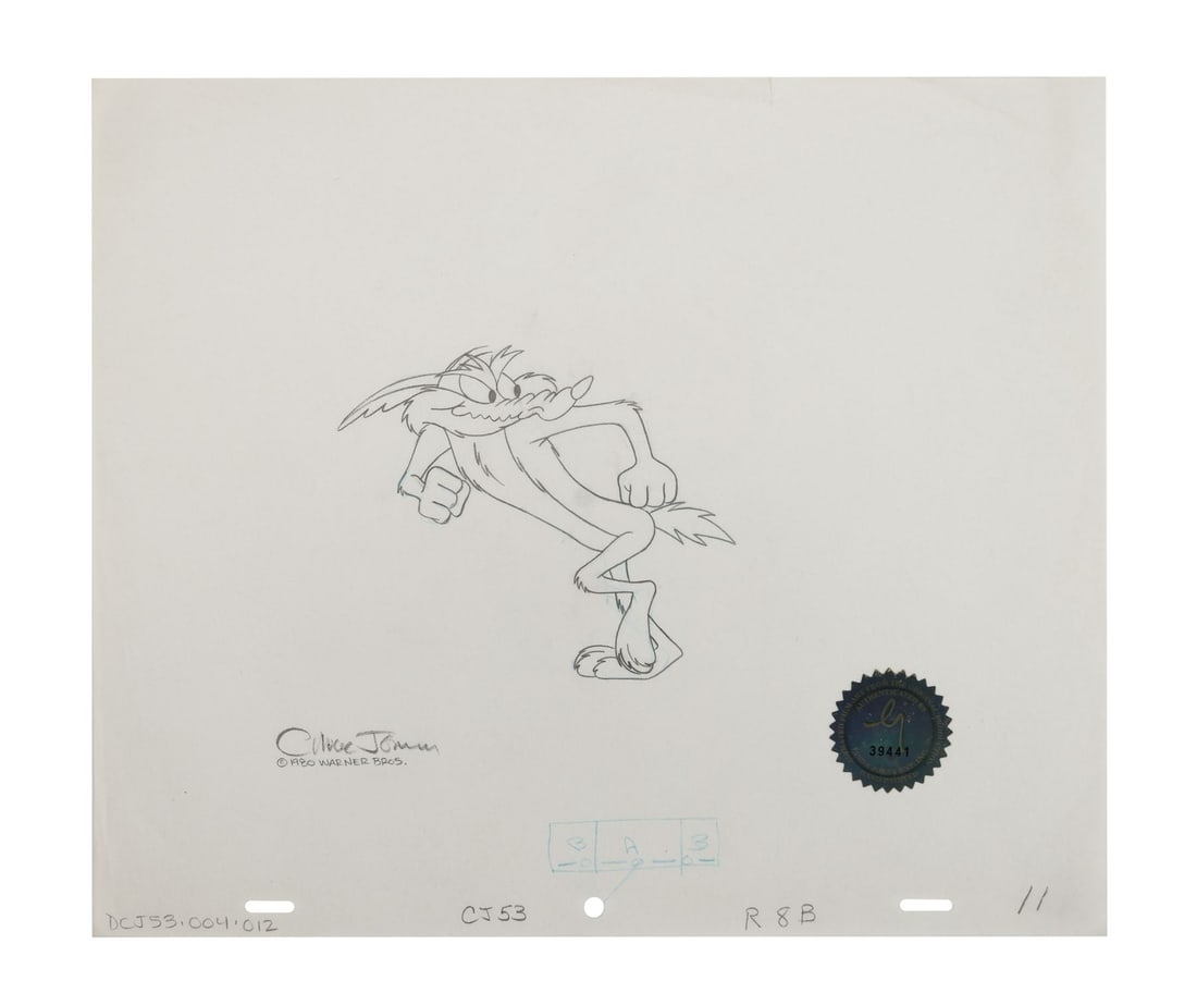 WARNER BROS. STUDIOS - Wile E. Coyote Original Production Drawing Autographed by Chuck Jones: WARNER BROS. STUDIOS - Wile E. Coyote Original Production Drawing Autographed by Chuck Jones - An original drawing used in the production of the 1980 television special "Bugs Bunny's Bustin' Out All O