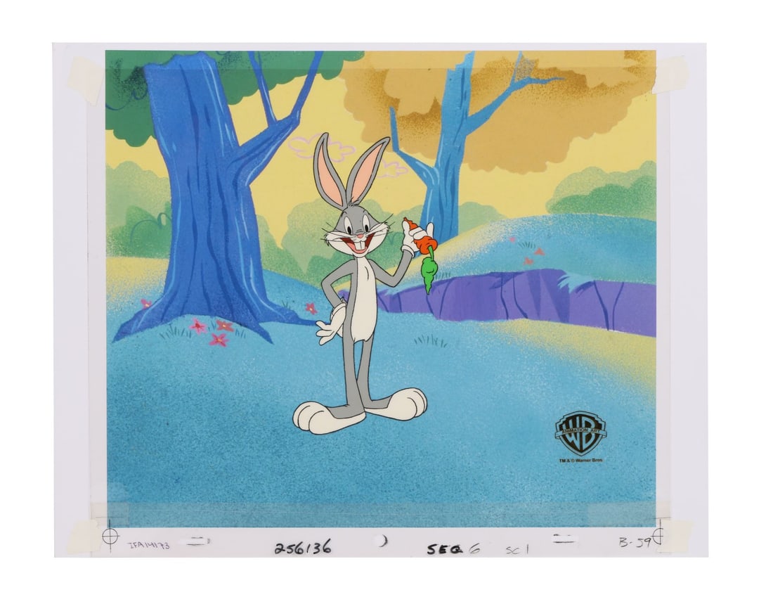 WARNER CINEMAS POLICY TRAILER (1989) - Bugs Bunny Original Production Cel on Presentation Background: WARNER CINEMAS POLICY TRAILER (1989) - Bugs Bunny Original Production Cel on Presentation Background - An original production cel of Bugs Bunny created for a Warner Cinemas policy trailer produced in