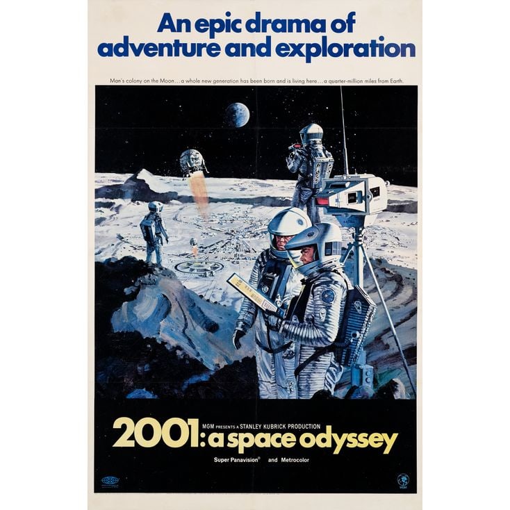 2001: A SPACE ODYSSEY - One Sheet (27" x 41"); Style B; Fine+ on Linen: 2001: A SPACE ODYSSEY One Sheet (27" x 41"); Style B ; Fine+ on Linen; Artwork by Robert McCall MGM, 1968 Depicting astronauts on a moonbase, this "Style B" one sheet