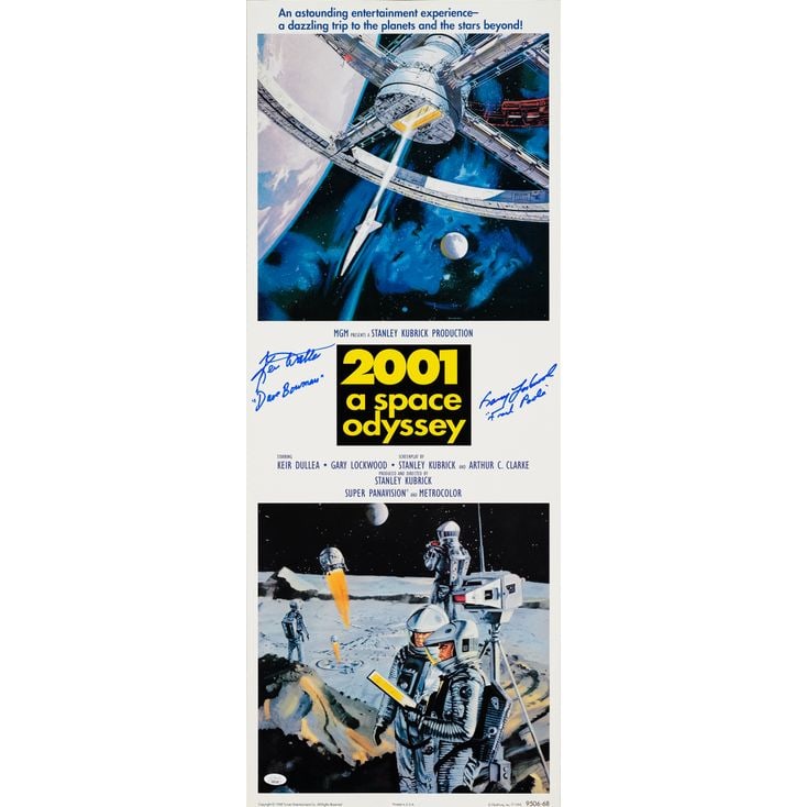 2001: A SPACE ODYSSEY - Reprint Insert (14" x 36") Signed by Keir Dullea and Gary Lockwood (JSA COA): 2001: A SPACE ODYSSEY Reprint Insert (14" x 36") Signed by Keir Dullea and Gary Lockwood (JSA COA); Near Mint Rolled; Artwork by Robert McCall Film Prints, Inc., 1995