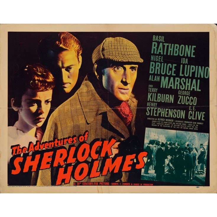 THE ADVENTURES OF SHERLOCK HOLMES - Half Sheet (22" x 28"); Style B; Fine+ Folded: THE ADVENTURES OF SHERLOCK HOLMES Half Sheet (22" x 28"); Style B ; Fine+ Folded 20th Century Fox, 1939 From the second film in the "Sherlock Holmes" series, co-starr