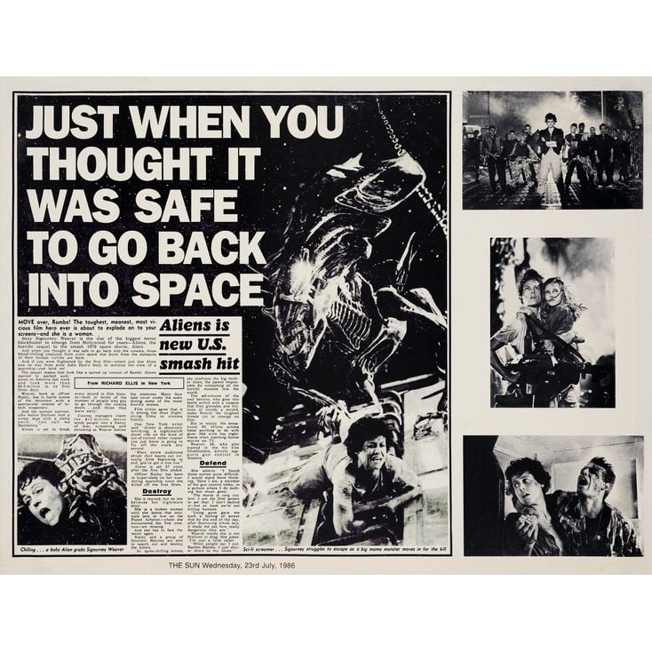 ALIENS - British Quad (40" x 30"); Newspaper Style; Fine- on Linen: ALIENS British Quad (40" x 30"); Newspaper Style ; Fine- on Linen 20th Century Fox, 1986 This British quad features a facsimile of a newspaper article from "The Sun"