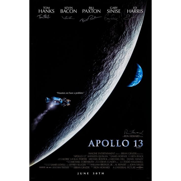 APOLLO 13 - One Sheet (27" x 40") Signed by Tom Hanks, Kevin Bacon, Bill Paxton, Gary Sinise, Ed: APOLLO 13 One Sheet (27" x 40"); Advance, Limited Edition #431/500 Signed by Tom Hanks, Kevin Bacon, Bill Paxton, Gary Sinise, Ed Harris and Ron Howard (Universal Pictures COA); Very Fine- Rolled
