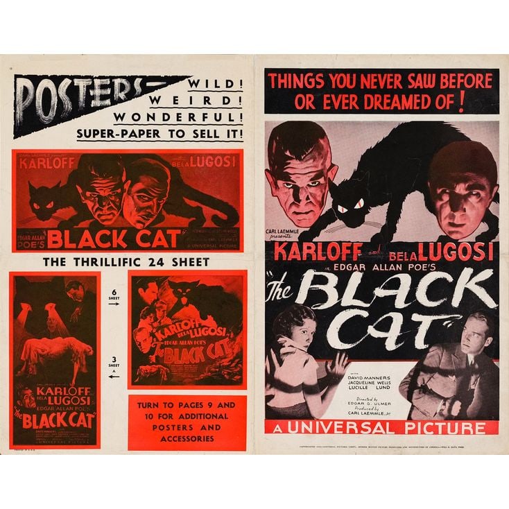 THE BLACK CAT - Uncut Pressbook (11.25" x 18); Very Fine Folded: THE BLACK CAT Uncut Pressbook (11.25" x 18) ; Very Fine Folded Universal, 1934 From one of Universal's classic horror films co-starring Boris Karloff and Bela Lugosi,