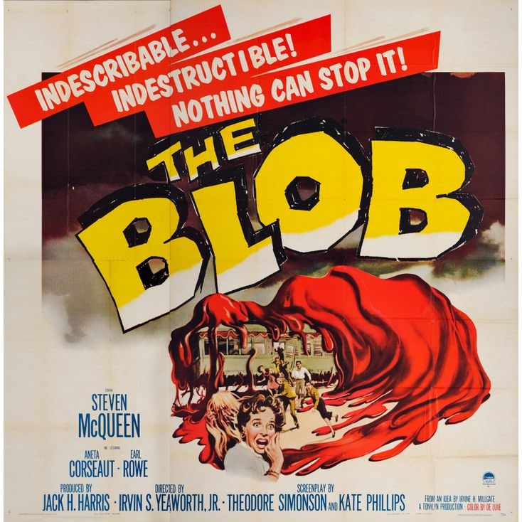 THE BLOB - Six Sheet (79" x 81"); The Collection of the Late J. Stephen Ryan; Very Fine+ Folded: THE BLOB Six Sheet (79" x 81") ; The Collection of the Late J. Stephen Ryan Very Fine+ Folded Paramount, 1958 Printed on four panels and folded, this spectacular six s