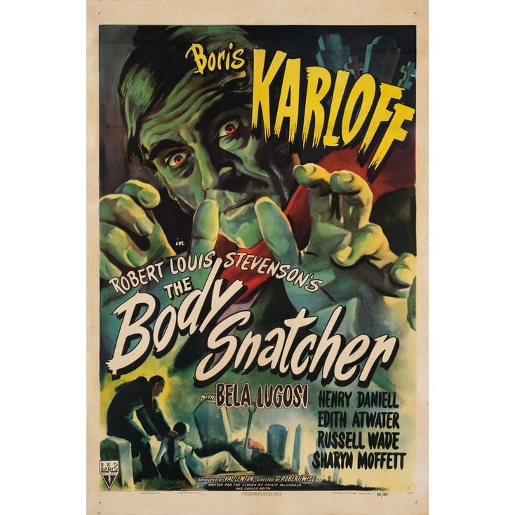 THE BODY SNATCHER - One Sheet (27" x 41"); Style A; Very Fine- on Linen: THE BODY SNATCHER One Sheet (27" x 41"); Style A ; Very Fine- on Linen RKO, 1945 A menacing Boris Karloff reaches out from the poster toward the viewer in this superb