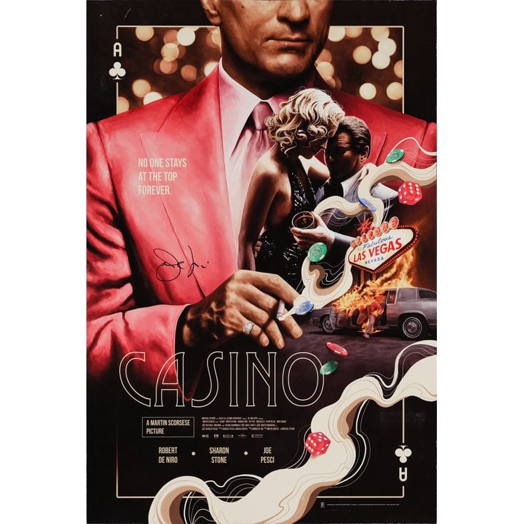 CASINO - Screen Printed Poster (24" x 36") Signed by Joe Pesci (Beckett COA); Artist's Proof; Very: CASINO Screen Printed Poster (24" x 36"); Artist's Proof Signed by Joe Pesci (Beckett COA); Very Fine Rolled; Artwork by Jake Kontou VG Kids, 2021 This full-bleed, sc