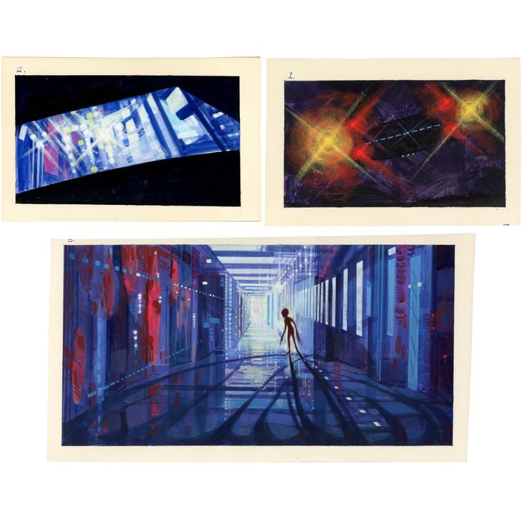 CLOSE ENCOUNTERS OF THE THIRD KIND - Hand-Painted Spaceship Concept Artwork (8" x 5.25" x 0.25": CLOSE ENCOUNTERS OF THE THIRD KIND Hand-Painted Spaceship Concept Artwork (8" x 5.25" x 0.25" (2"), 16.5" x 9" x 0.25") ; Attributed to George Jensen (Production Illustrator) Very Fine+ Columbia