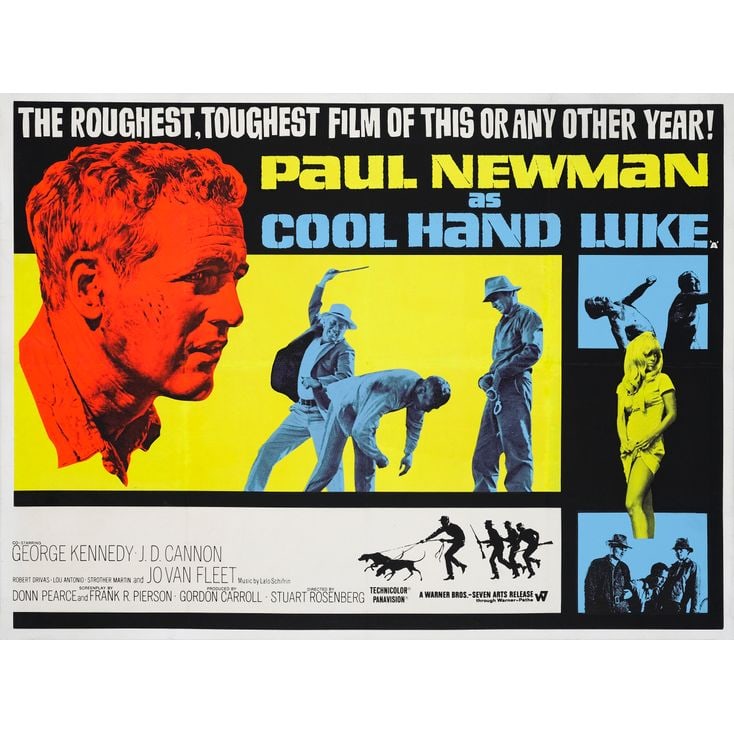 COOL HAND LUKE - British Quad (40" x 30"); Day-Glo Style; Very Fine- on Linen: COOL HAND LUKE British Quad (40" x 30"); Day-Glo Style ; Very Fine- on Linen Warner-Pathe, 1967 This striking "Day-Glo" style British quad is relatively scarce. This