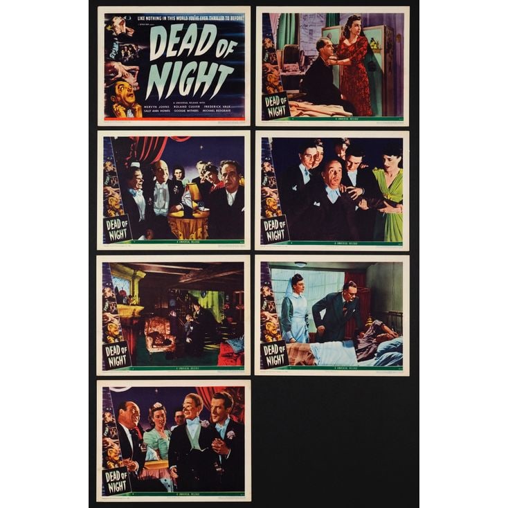 DEAD OF NIGHT - Title Lobby Card and Lobby Cards (6) (11" x 14"); Very Fine+: DEAD OF NIGHT Title Lobby Card and Lobby Cards (6) (11" x 14") ; Very Fine+ Universal, 1945 This group includes the title lobby card and six scene cards; scene card #