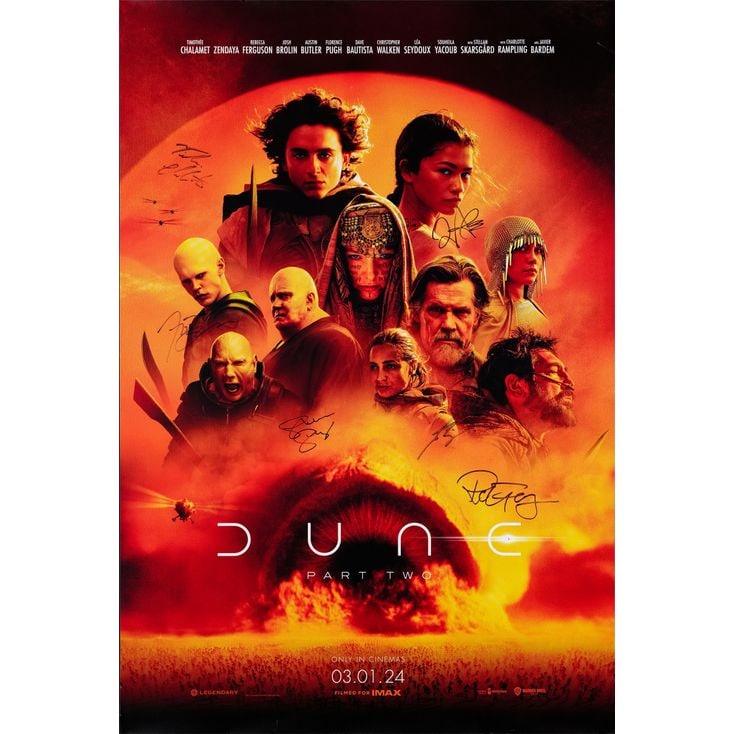 DUNE: PART TWO - One Sheet (27" x 40") Signed by Timothee Chalamet, Zendaya, Austin Butler, Stellan: DUNE: PART TWO One Sheet (27" x 40"); Advance Signed by Timothee Chalamet, Zendaya, Austin Butler, Stellan Skarsgard, Josh Brolin and Rebecca Ferguson (Beckett COA); Near Mint Rolled Warner Bro