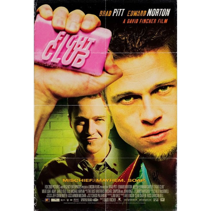 FIGHT CLUB - One Sheet (27" x 40") Signed by Brad Pitt (Beckett COA); Very Fine- Folded: FIGHT CLUB One Sheet (27" x 40") Signed by Brad Pitt (Beckett COA); Very Fine- Folded 20th Century Fox, 1999 Depicting Brad Pitt, Edward Norton, and a pink bar of soa