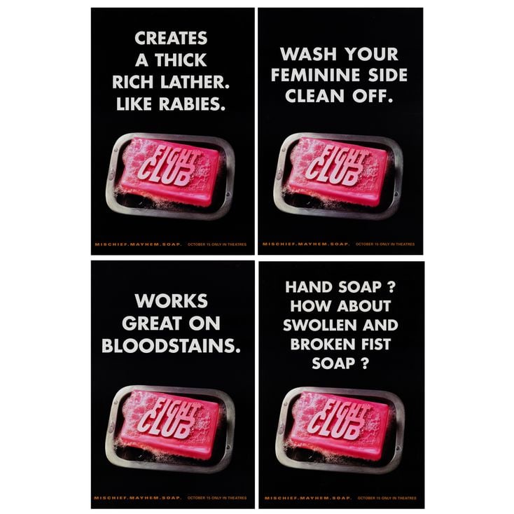 FIGHT CLUB - Set of 4 One Sheets (27" x 40"); The Collection of the Late J. Stephen Ryan; Advance;: FIGHT CLUB Set of 4 One Sheets (27" x 40"); Advance ; The Collection of the Late J. Stephen Ryan Very Fine+ Rolled 20th Century Fox, 1999 This set of four advance one