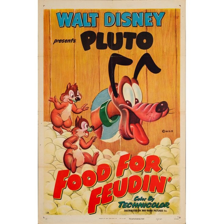 FOOD FOR FEUDIN' - One Sheet (27" x 41"); Style A; Very Fine Folded: FOOD FOR FEUDIN' One Sheet (27" x 41"); Style A ; Very Fine Folded RKO, 1951 Pluto, Chip, and Dale are rivals scrounging for food on this wonderful "Style A" Disney o