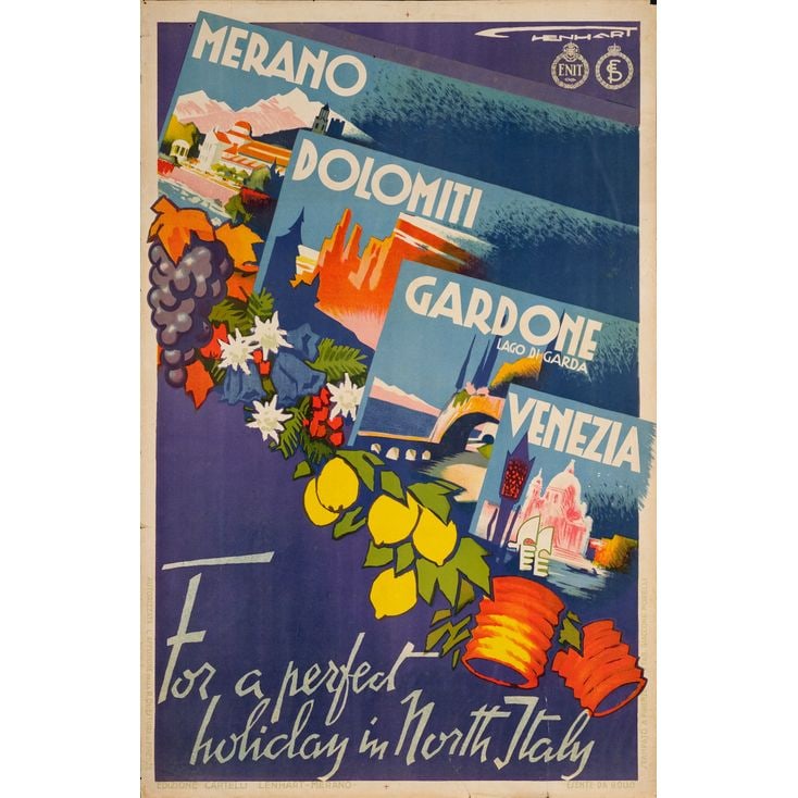 FOR A PERFECT HOLIDAY IN NORTH ITALY - Travel Poster (25" x 39"); Very Fine- Rolled: FOR A PERFECT HOLIDAY IN NORTH ITALY Travel Poster (25" x 39") ; Very Fine- Rolled; Artwork by Franz Lenhart c.1940 This ENIT travel poster highlights four famous ci