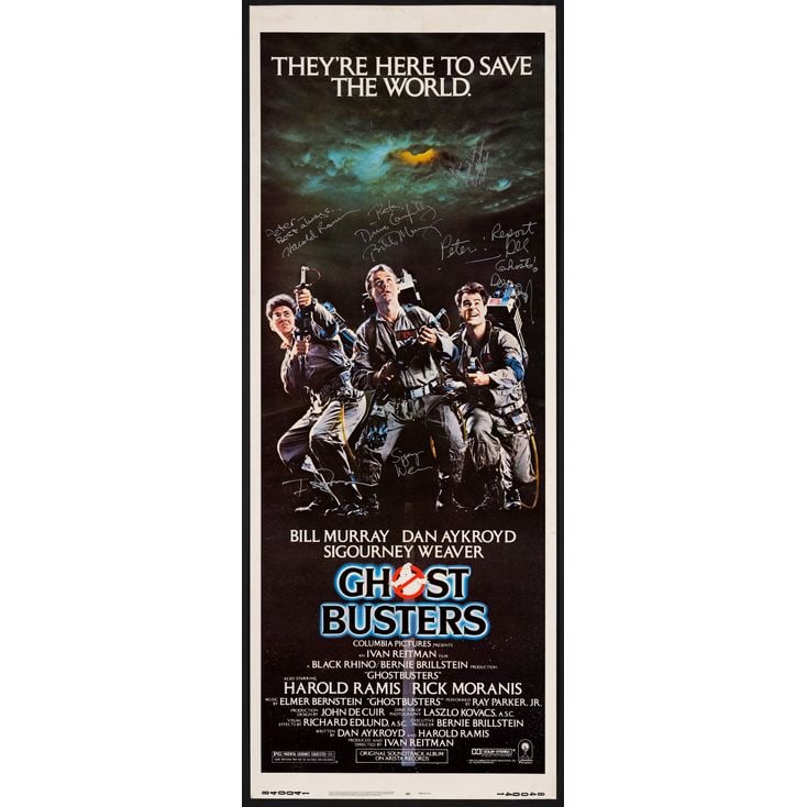 GHOSTBUSTERS - Insert (14" x 36") Signed by Ivan Reitman, Harold Ramis, Bill Murray, Dan Aykroyd,: GHOSTBUSTERS Insert (14" x 36") Signed by Ivan Reitman, Harold Ramis, Bill Murray, Dan Aykroyd, Ernie Hudson and Sigourney Weaver (Beckett COA); Very Fine- Rolled Columbia, 1984