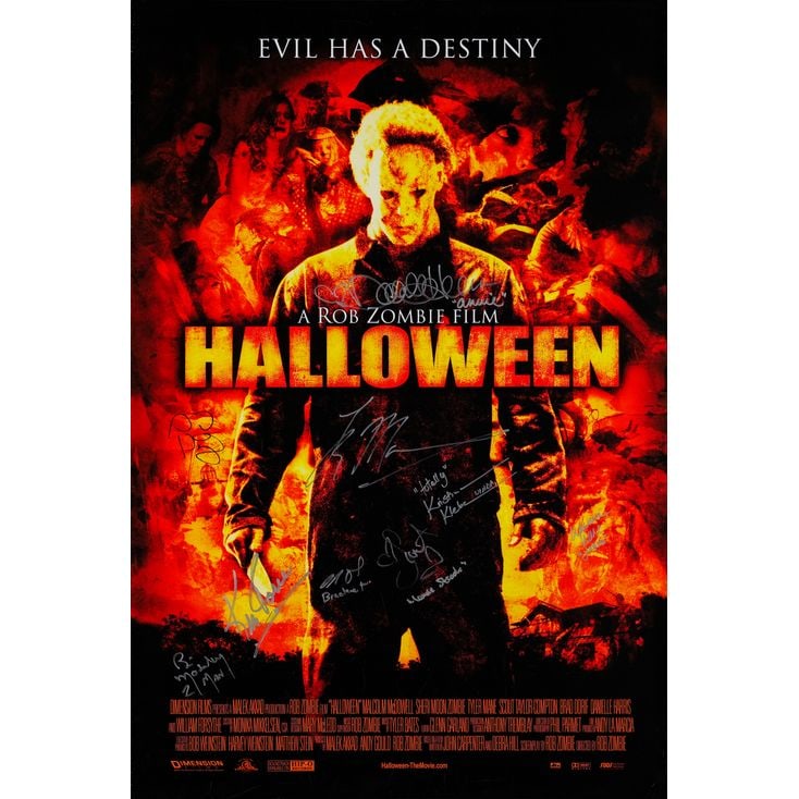 HALLOWEEN - One Sheet (27" x 40") Signed by Rob Zombie, Brad Dourif, Hannah Hall, Scout Taylor: HALLOWEEN One Sheet (27" x 40") Signed by Rob Zombie, Brad Dourif, Hannah Hall, Scout Taylor Compton, Tyler Mane, Ken Foree, Kristina Klebe, Danielle Harris, Bill Moseley (Beckett COA); Very Fine-