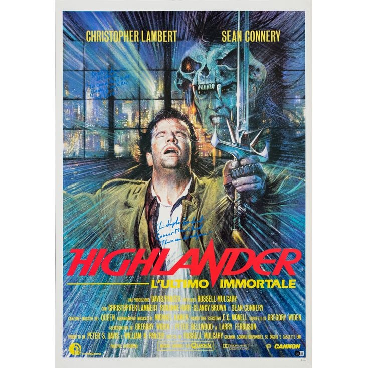 HIGHLANDER - Italian One Sheet (27.5" x 39.5") Signed by Christopher Lambert (Beckett COA); Very: HIGHLANDER Italian One Sheet (27.5" x 39.5") Signed by Christopher Lambert (Beckett COA); Very Fine+ Rolled; Artwork by Brian Bysouth IDIF, 1986 While the US one shee