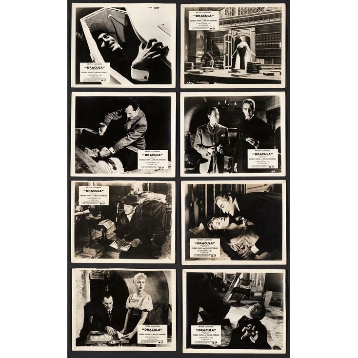 HORROR OF DRACULA - British B&W FOH Cards Set (8) (8" x 10"); Country-of-Origin; Very Fine-: HORROR OF DRACULA British B&W FOH Cards Set (8) (8" x 10"); Country-of-Origin ; Very Fine- Rank Film, 1958 This complete set of eight British country-of-origin front-