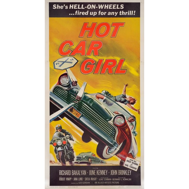 HOT CAR GIRL - Three Sheet (41" x 79"); The Collection of the Late J. Stephen Ryan; Very Fine+ on: HOT CAR GIRL Three Sheet (41" x 79") ; The Collection of the Late J. Stephen Ryan Very Fine+ on Linen Allied Artists, 1958 Printed on two panels, this 1950s exploitati
