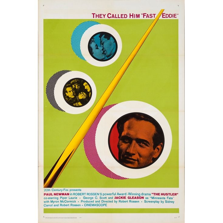 THE HUSTLER - One Sheet (27" x 41"); Very Fine+ Folded: THE HUSTLER One Sheet (27" x 41") ; Very Fine+ Folded 20th Century Fox, R-1964 This poster was issued for the film's theatrical re-release in 1964 and is considered m