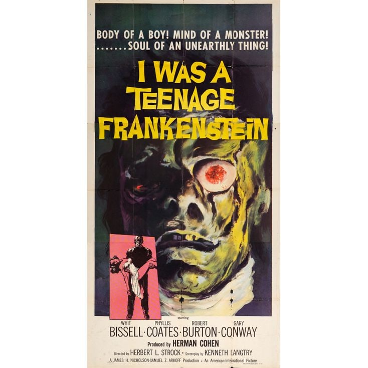 I WAS A TEENAGE FRANKENSTEIN - Three Sheet (41" x 78"); The Collection of the Late J. Stephen Ryan;: I WAS A TEENAGE FRANKENSTEIN Three Sheet (41" x 78") ; The Collection of the Late J. Stephen Ryan Fine Folded; Artwork by Albert Kallis AIP, 1957 This poster is printe